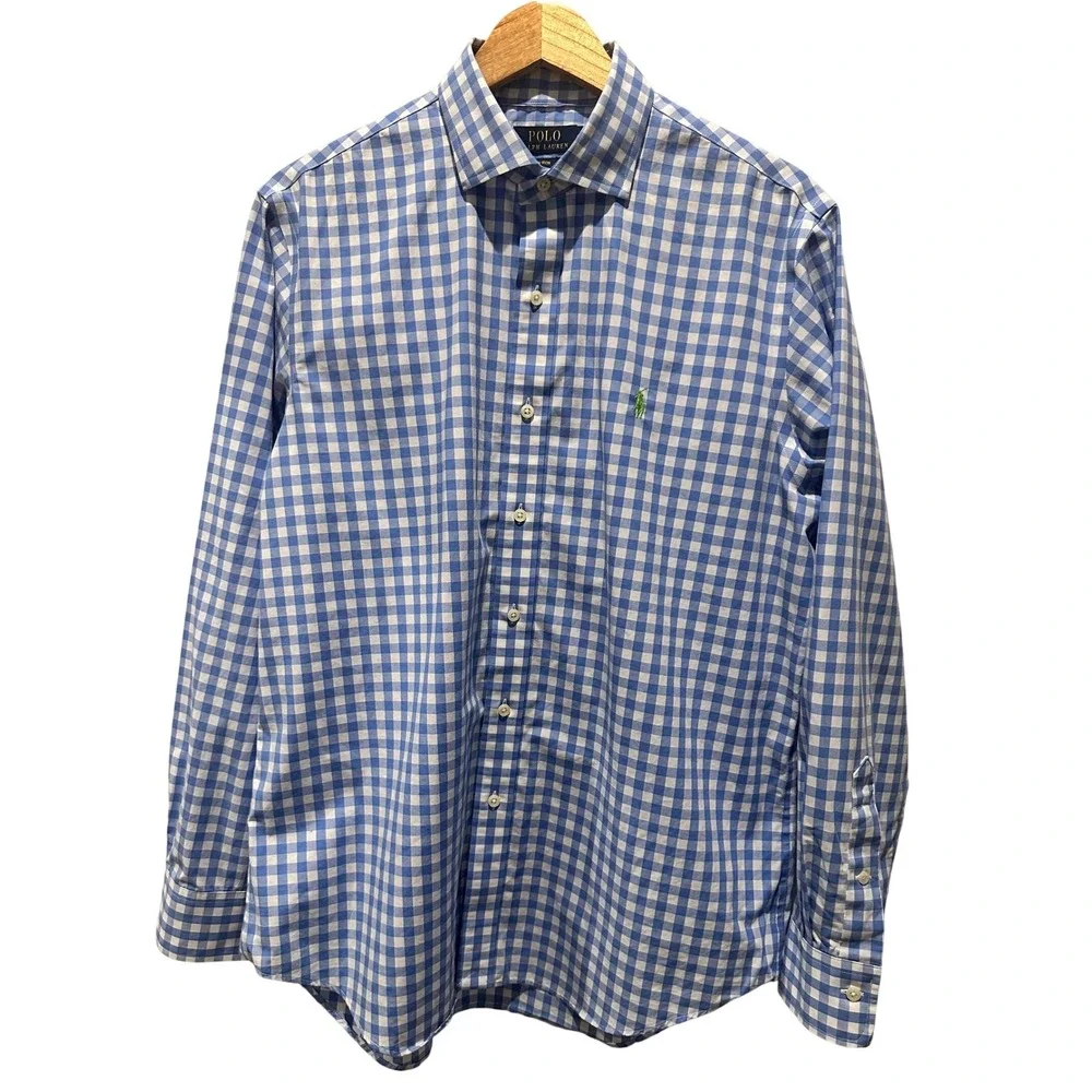 Polo Ralph Lauren Shirt Mens Large Blue Gingham Non-Iron Slim Fit Excellent Logo